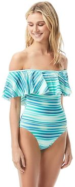 Mediterranean Sea Stripe Ruffle Off-the-Shoulder One-Piece (Azure) Women's Swimsuits One Piece