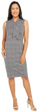 Plaid Sheath Dress with Tie Neck (Indigo Cream Multi) Women's Dress