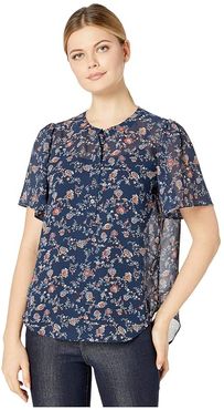 Elbow Sleeve Ditsy Floral Henley (Sapphire) Women's Clothing