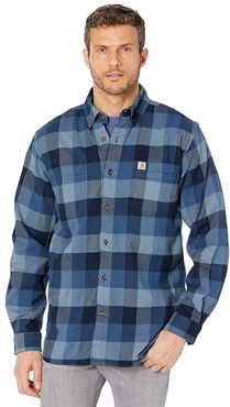 Rugged Flex Relaxed Fit Flannel Long Sleeve Plaid Shirt (Dark Blue) Men's Clothing