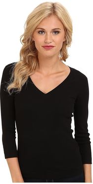 100% Cotton Heritage Knit 3/4 Sleeve Deep V-Neck (Black) Women's Long Sleeve Pullover