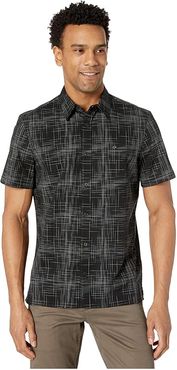 Short Sleeve Stretch Cotton Casual Button-Down Shirt (Black) Men's Clothing