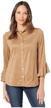 Button Front Flounce Sleeve Shirt in Microsuede (Jasper) Women's Clothing