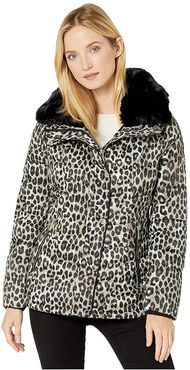 Print Jacket with Faux Fur Collar M424303TZ (Dark Camel Leopard) Women's Coat