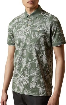 Teeleaf Short Sleeve Linear Floral Printed Polo (Khaki) Men's Clothing