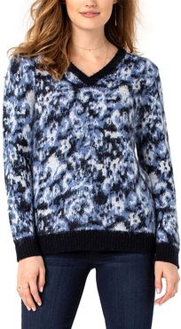 V-Neck Long Sleeve Sweater (Abstract Blue) Women's Clothing