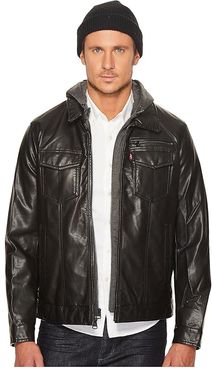 Faux Leather Trucker with Jersey Hood and Fleece Lining (Black) Men's Coat