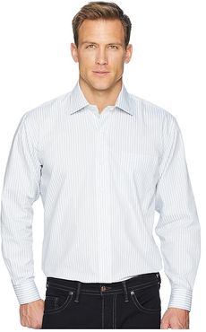 Long Sleeve Magnetically-Infused Stripe Dress Shirt - Spread Collar (Grey/White) Men's Clothing