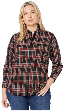 Plus Size Collared Cotton Shirt (Red/Polo Black) Women's Clothing