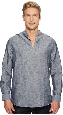 Long-Sleeve Solid Linen Cotton Popover Shirt (Ink) Men's Clothing