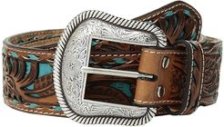 Floral Pierced Embossed with Buckstitch Belt (Brown/Turquoise) Men's Belts