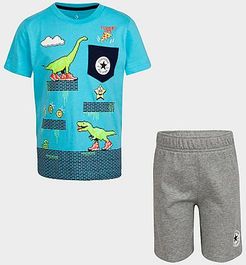 Boys' Little Kids' Dinosaur T-Shirt and Shorts Set in Blue/Aqua Blue Size 4 Cotton/Jersey