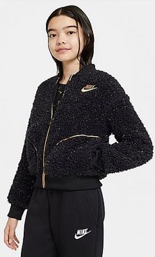Girls' Sportswear Shine Fleece Bomber Jacket in Black/Black Size Small 100% Polyester/Fleece