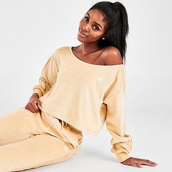 Originals Velour Off The Shoulder Sweatshirt in Brown/Hazy Beige Size X-Small Cotton/Polyester/Velour