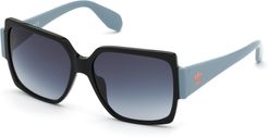 55mm Gradient Rectangular Sunglasses - Shiny Black/ Blue Mirror