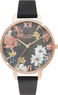 Sparkle Floral Leather Strap Watch, 38mm