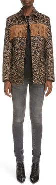 Fringe Trim Leopard Jacquard Wool Blend Jacket