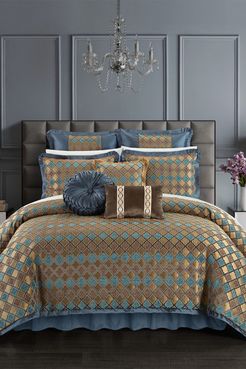 Chic Home Bedding Sueann Chenille Geometric Scroll Design With Faux Silk Flange Border King  Comforter Set - Blue - 9-Piece Set 