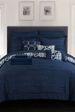 Chic Home Bedding Queen Isobelle Complete Pleated Ruffles and Reversible Printed Bed Comforter 10-Piece Set - Navy at Nordstrom 