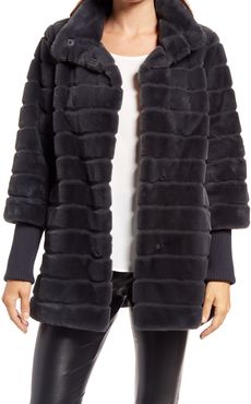 Grooved Knit Cuff Faux Fur Coat