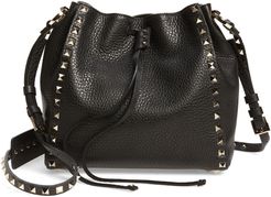 Small Rockstud Leather Bucket Bag - Black