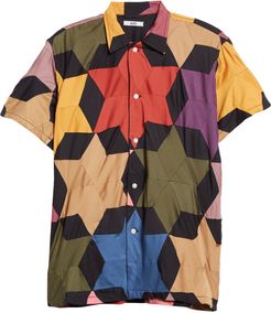 Rainbow Star Quilt Short Sleeve Button-Up Shirt