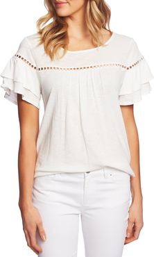 Lace Inset Ruffle Sleeve Cotton Blend Top