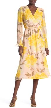 Halogen Print Long Sleeve Faux Wrap Midi Dress