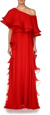 One-Shoulder Pleated Ruffle Georgette Gown