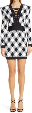 Gingham Jacquard Long Sleeve Sweater Minidress