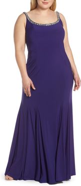 Plus Size Women's MAC Duggal Jeweled Neck Lace-Up Back Jersey Gown