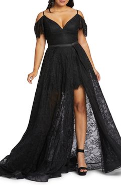 Plus Size Women's MAC Duggal Cold Shoulder Lace Romper With Sheer Overskirt
