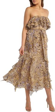 Rumi Leopard Print Strapless Chiffon Midi Dress