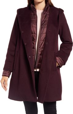 Hooded Wool Blend Coat With Quilted Bib