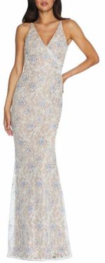 Sequin Lace Faux Wrap Gown