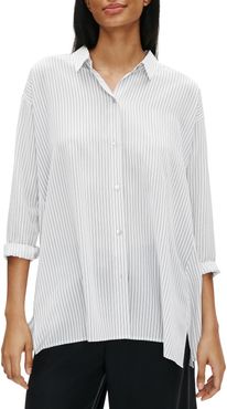 Eileen Fisher Spread Collar Stripe Printed Silk Swing Top at Nordstrom Rack