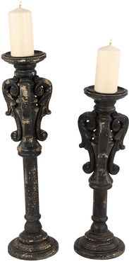 Willow Row Vintage Style Large Black Carved Wood Candle Holders with Candle Plates & Spikes - Set of 2 at Nordstrom Rack