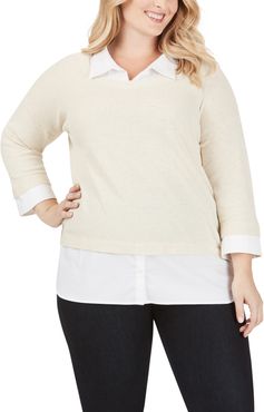 Plus Size Women's Foxcroft Miles Layered Shirt & Sweater Pullover