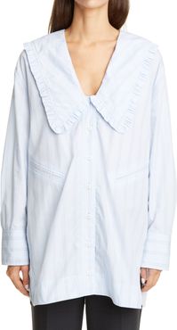 Ruffle Collar Stripe Cotton Oversized Shirt