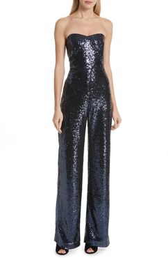SALONI Faux Feather Trim Satin Backed Crepe Strapless Jumpsuit at Nordstrom Rack