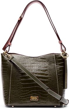 Small June Croc Embossed Leather Hobo - Green