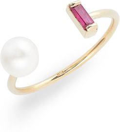 Ruby Baguette & Genuine Pearl Open Ring