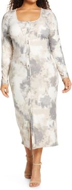 Plus Size Women's Fourteenth Place Button-Up Long Sleeve Knit Midi Dress