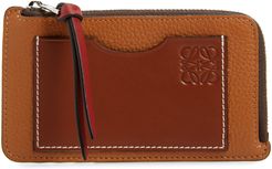 Coin & Card Leather Zip Pouch - Brown