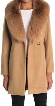 Sofia Cashmere Genuine Fox Fur Collar Wool Blend Waist Tie Coat at Nordstrom Rack