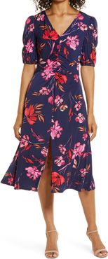 Floral Ruched Front A-Line Midi Dress