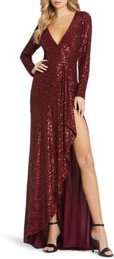 Long Sleeve Sequin Wrap Gown