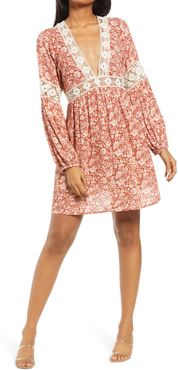 Calico Lace Detail Long Sleeve Babydoll Dress