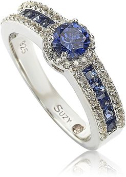 Suzy Levian Sterling Silver Blue Sapphire & Diamond Accent Princess Cut Bridal Ring - 0.02 ctw at Nordstrom Rack