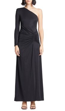 Ruched One-Sleeve Metallic Knit Gown